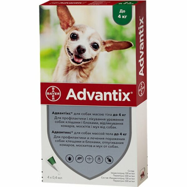 %% ADVANTIX Bayer - краплі на холку від бліх та кліщів для собак до 4 кг, упаковка 4 піпетки