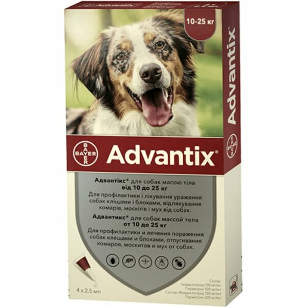 %% ADVANTIX Bayer - טיפות על השכמה מפרעושים וקרציות לכלבים במשקל 10 עד 25 ק"ג, אריזת 4 פיפטות