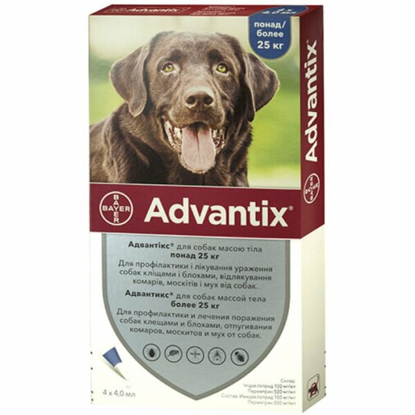 %% ADVANTIX Bayer - טיפות על השכמה מפרעושים וקרציות לכלבים במשקל 25 עד 40 ק"ג, אריזת 4 פיפטות