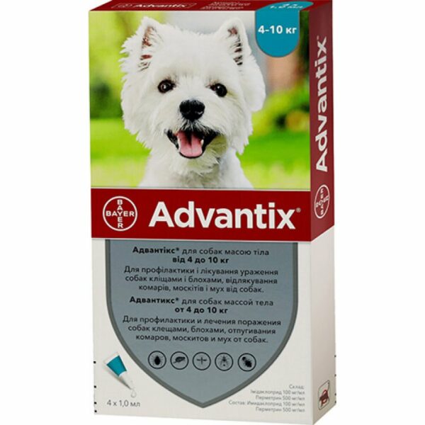 %% ADVANTIX Bayer - טיפות על השכמה מפרעושים וקרציות לכלבים במשקל 4 עד 10 ק"ג, אריזת 4 פיפטות