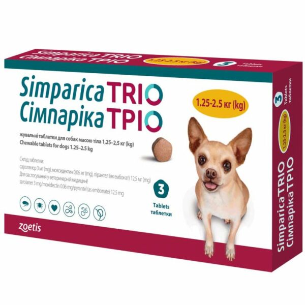 %% SIMPARICA TRIO - таблетки Сімпаріка ТРІО проти бліх, кліщів і гельмінтів для собак вагою від 1,25 до 2,5 кг