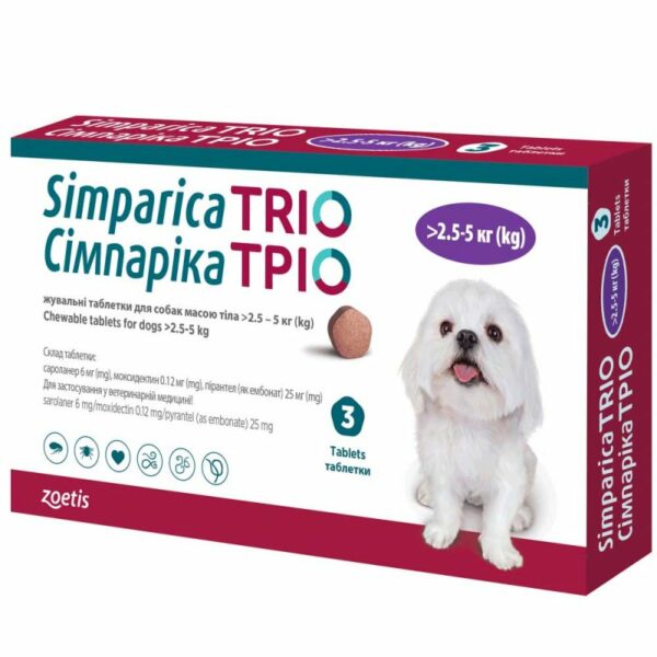 %% SIMPARICA TRIO - таблетки Сімпаріка ТРІО проти бліх, кліщів і гельмінтів для собак вагою від 2,5 до 5 кг